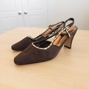 Valenti Franco Womens Beaded Slingback Heels 8M Brown Rhinestone Studded Valerie
